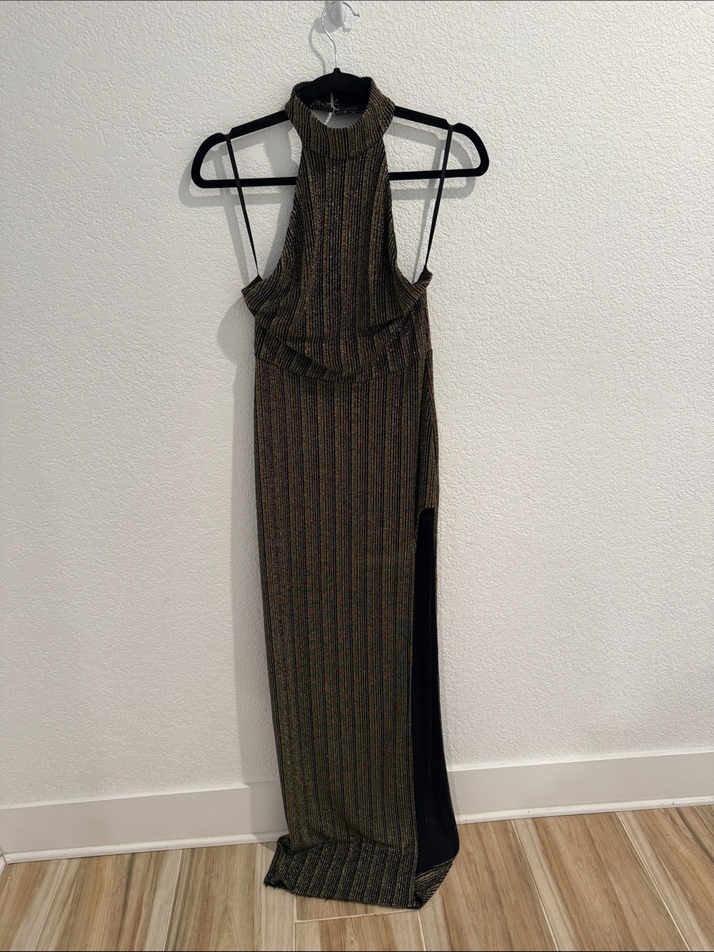 Michael Costello Metallic Gold Halter Maxi Dress with Side Slit - Picture 2 of 6